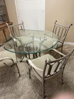 Beautiful Glass Top Four Piece Dining Room, Set And Side Table