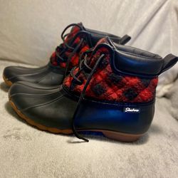 Black & Red Plaid Duck Boots Size 8
