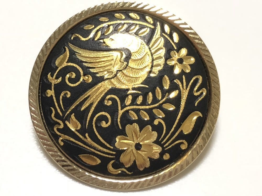 VTG Damascene Brooch/Pin Black & Gold Tone Bird & Flowers Vintage Jewelry