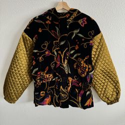 LONDON FOG Vintage Black Gold Velvet Quilted Toggle Button Paisley Bird Jacket