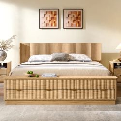 Fluted King Size Bed Frame with Wingback Headboard, Footboard Storage - Natural Oak - Regular price $600