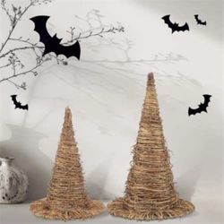 Pcs Halloween Rattan Witch Hat Decor with String Lights Wicker Wizard Hats Woven Witch Hat