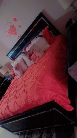 Bedroom set (King size bed without mattress, 2 nightstands, 2 dressers, one with a mirror)