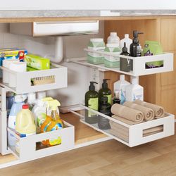 Set of 2 Metal Adjustable Height Under Sink Storage Organizer Pull Out Shelves New Condition 