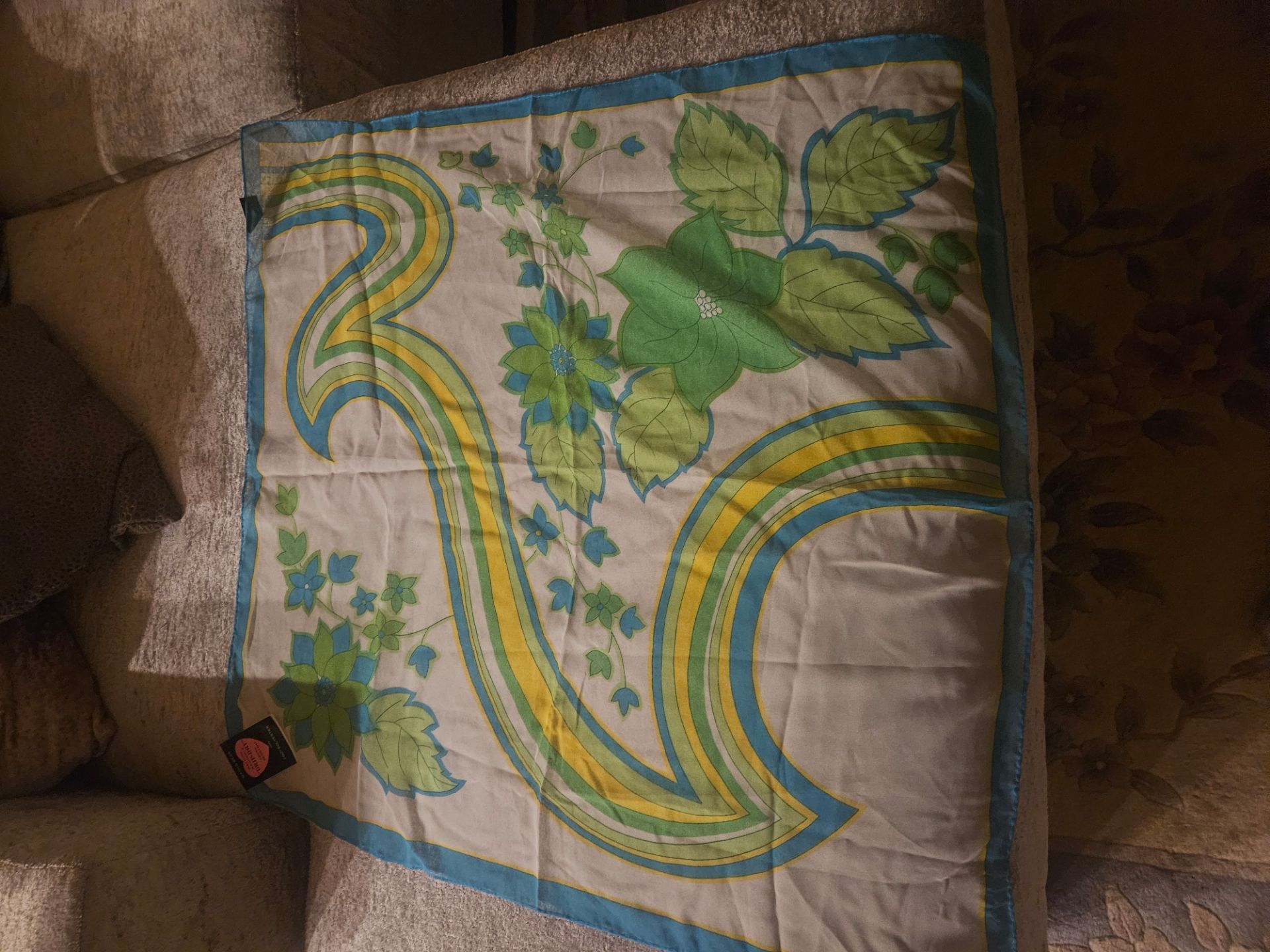 Scarf Green/Blue Floral Pattern Vintage