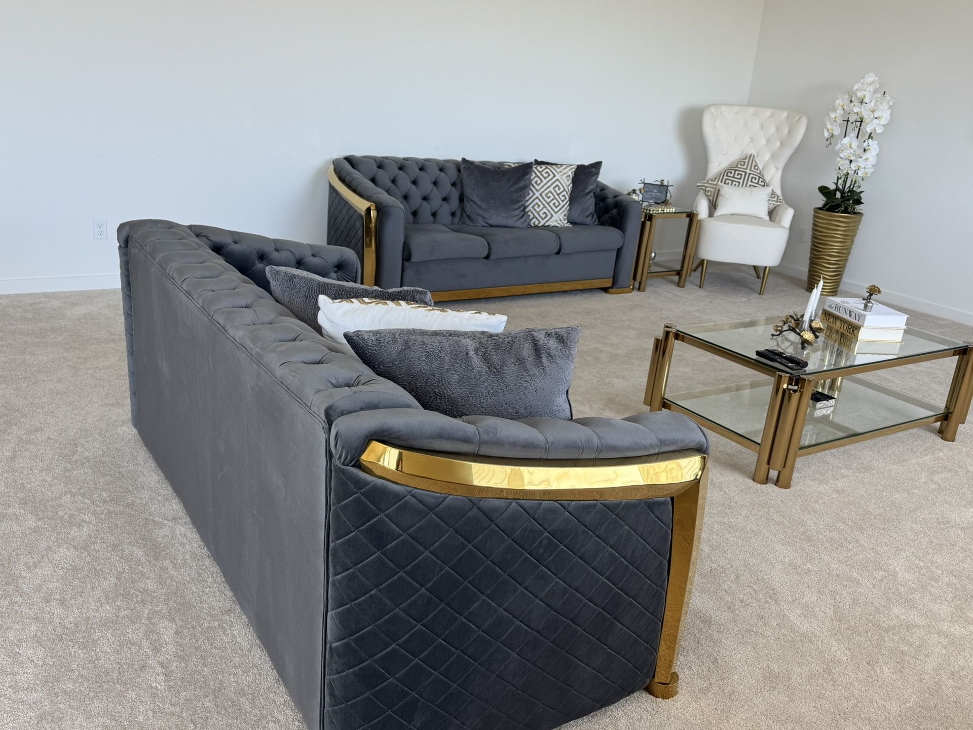 New 3 Velvet Gray Gold Sofas