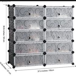 10-Cube DIY Shoe Rack, Storage Drawer Unit Multi Use Modular Organizer Plastic Cabinet with Doors, Black and White 