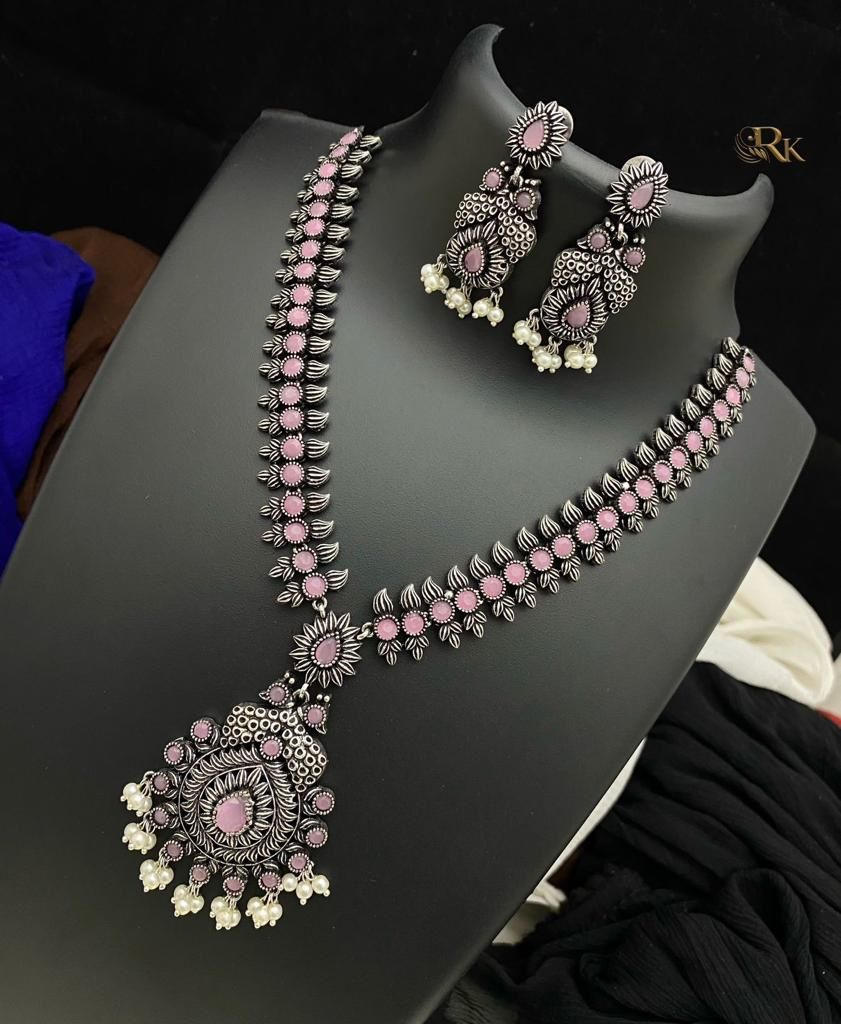 Pink Stone German Sliver Oxidized/Black Metal Jewelry Set