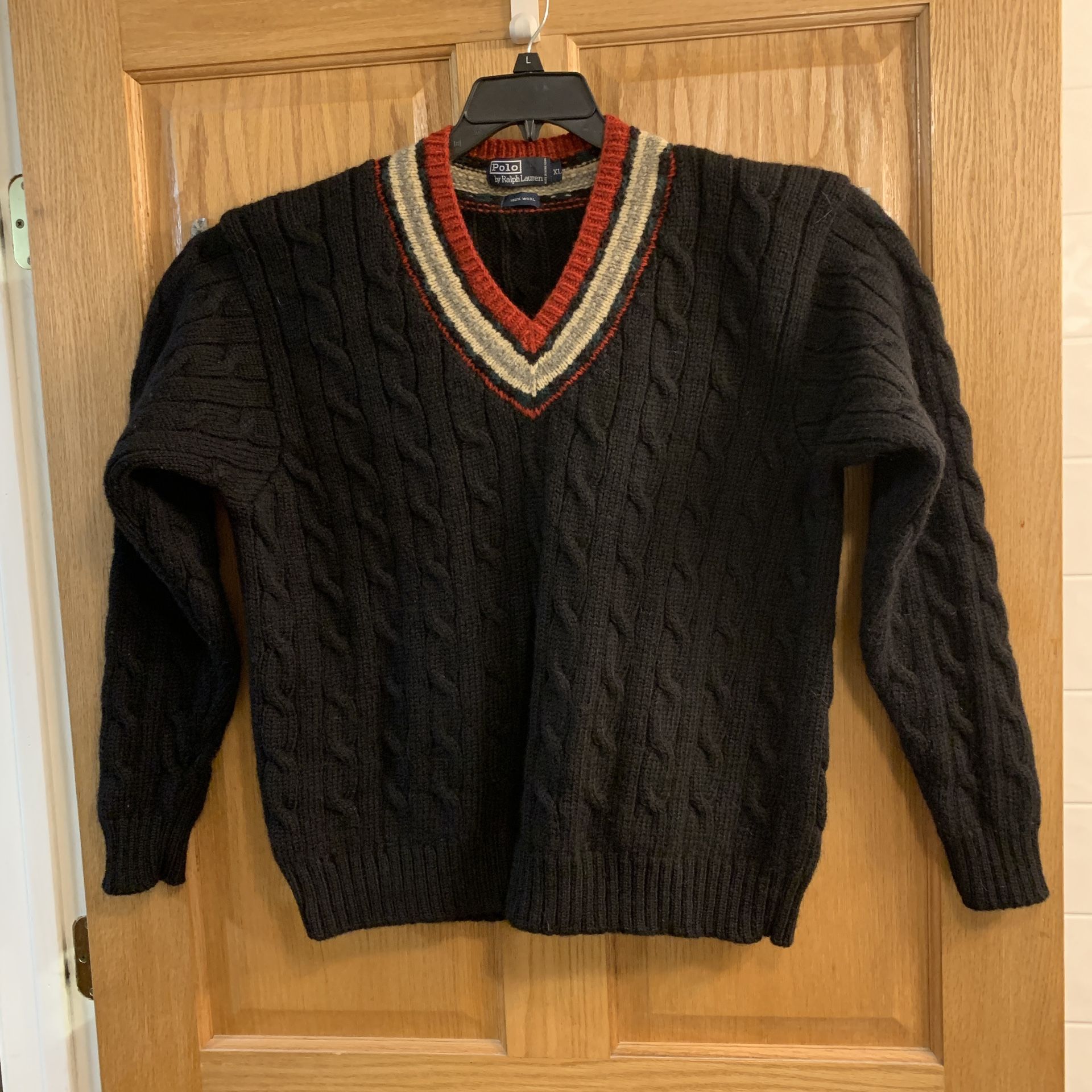 Vintage POLO RALPH LAUREN 100% Wool Sweater Cable Knit V-Neck Men’s Size XL 