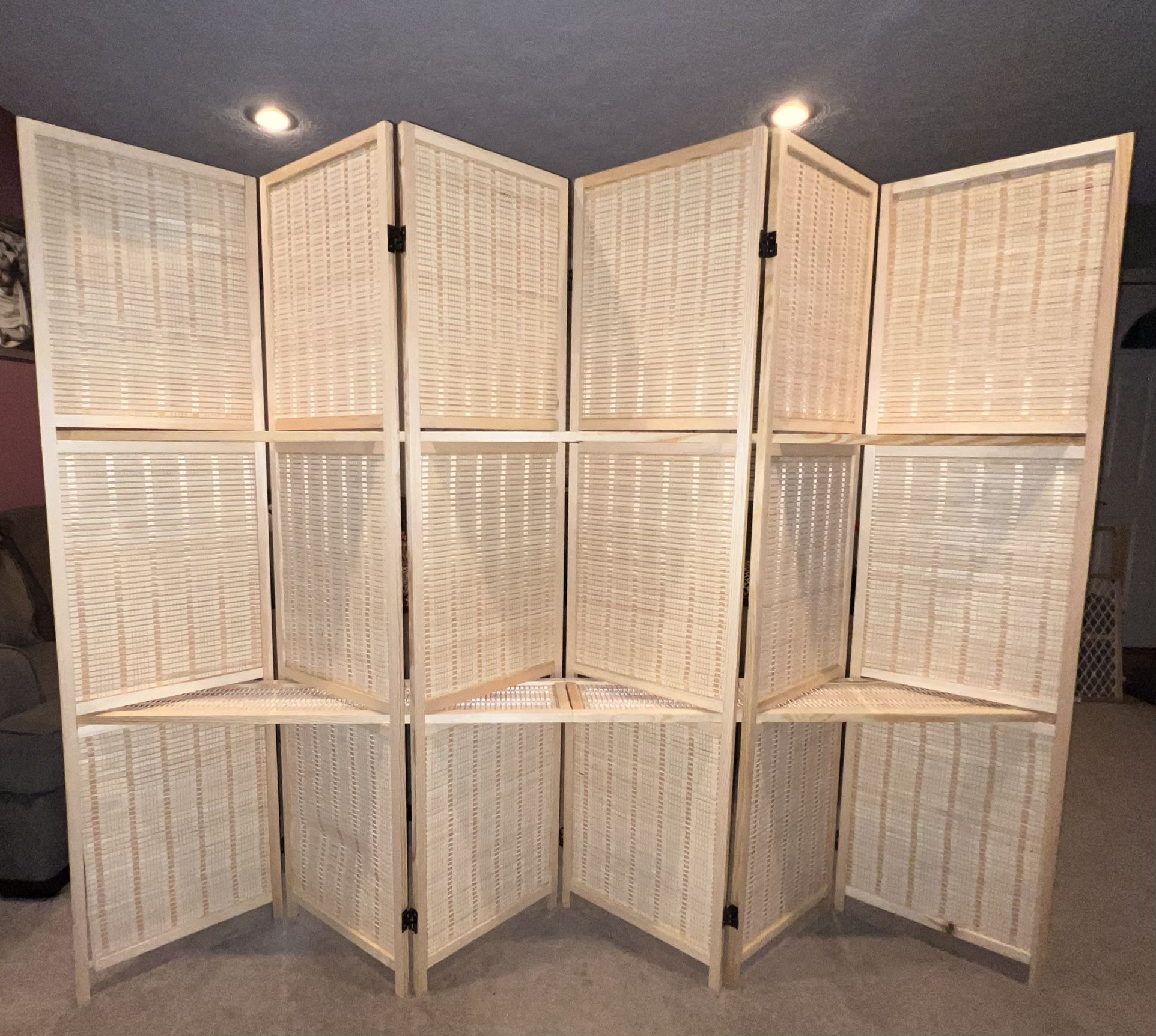6-Panel Natural Bamboo Room Divider with Shelves - Brand New