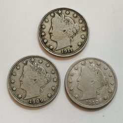 1909 , 1911 , 1912-D Liberty V Nickel Coins