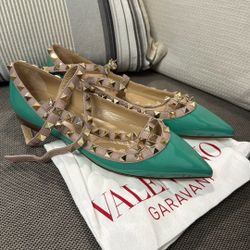 Green Valentino Rockstud Ballerina Flats