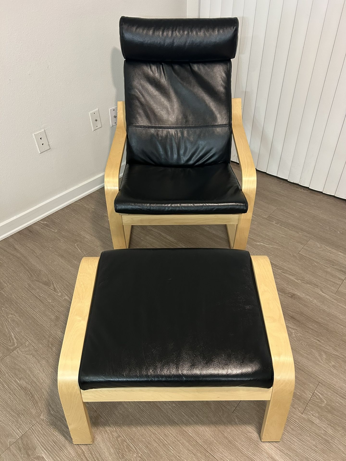 Like New IKEA POÄNG Chair & Ottoman – Black Leather, Very Comfortable