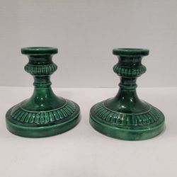 Vintage Holland Mold Green Pedestal Candle Holders ~ 2 Pieces, 4.75" x 4.75"