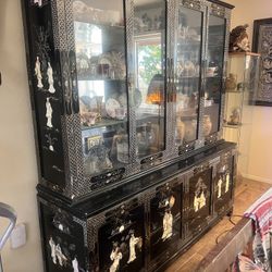 Elegant Asian-Inspired Lacquer Hutch with Mother of Pearl Inlay – Vintage