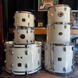 1979 Gretsch Stop Sign Badge Drum Set 24/13/14/18 in White Nitron + Matching 14/15 Concert Toms + 15x8 Snare
