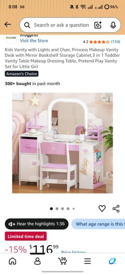 Kids Vanity with Lights and Chair, Princess Makeup Vanity Desk with Mirror Bookshelf Storage Cabinet,3 in 1 Toddler Vanity Table Makeup Dressing Table