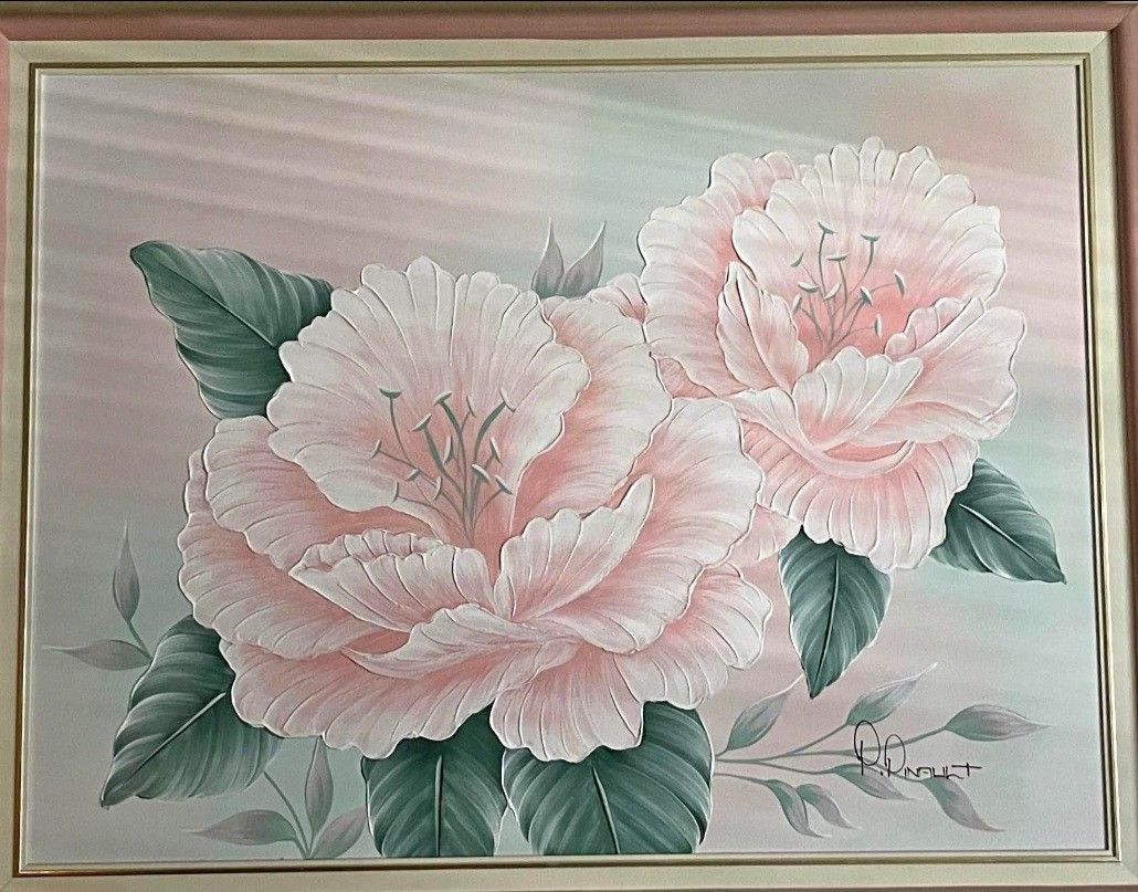 Framed oil canvas floral painting. Signed by P. Pinault