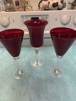 3 Vintage ruby red goblet of wine glasses with clear glass stem