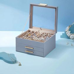 Jewelry Box with Glass Lid, 3-Layer Jewelry Storage Organizer with 2 Drawers Smoky Blue and Gold Color