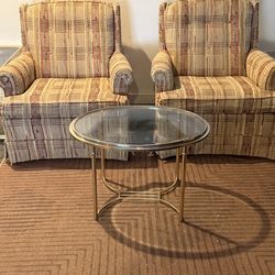 2 Vintage Mid Century Ethan Allen Traditional Classics Tweed Plaid Skirted Tufted Armchairs