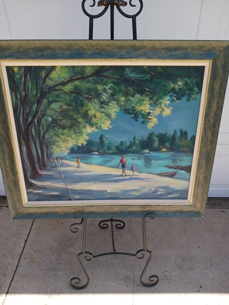 Vintage Framed Landscape Park Water Oil On Canvas Signed D Schmit 69