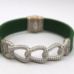 Judith Ripka Sterling Silver Braid & Green Leather Bracelet w/ CZs
