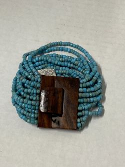 World Market Blue Beaded Wood Clasp Bracelet Boho Statement Pre Owned