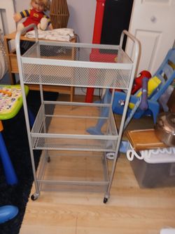 NEW SILVER METAL 3 TIER CART ON WHEELS 35INHT BY 18INWD 15 FIRM LOOK MY POST ALOT ITEM