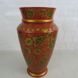 Russian Khokhloma? Wooden Folk Art Vase Hand-Painted 11 3/4" Tall


