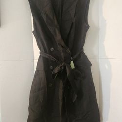 H&M Tie Waist Sleeveless Dress Size Large Black Linen Blend Button Up NWT 