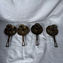 Lot Of 4 Vintage Brass Bed Chamber Candle Stick Holder With Drip Tray And Long Handle