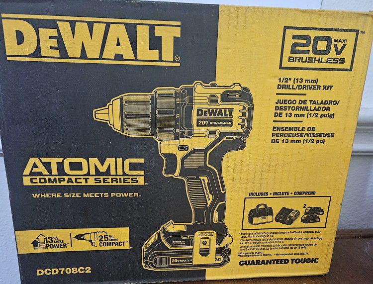 Dewalt Atomic Compact Series 20v Max Cordless Brushless Drill/Driver, 1.3Ah Battery, Charger and Bag