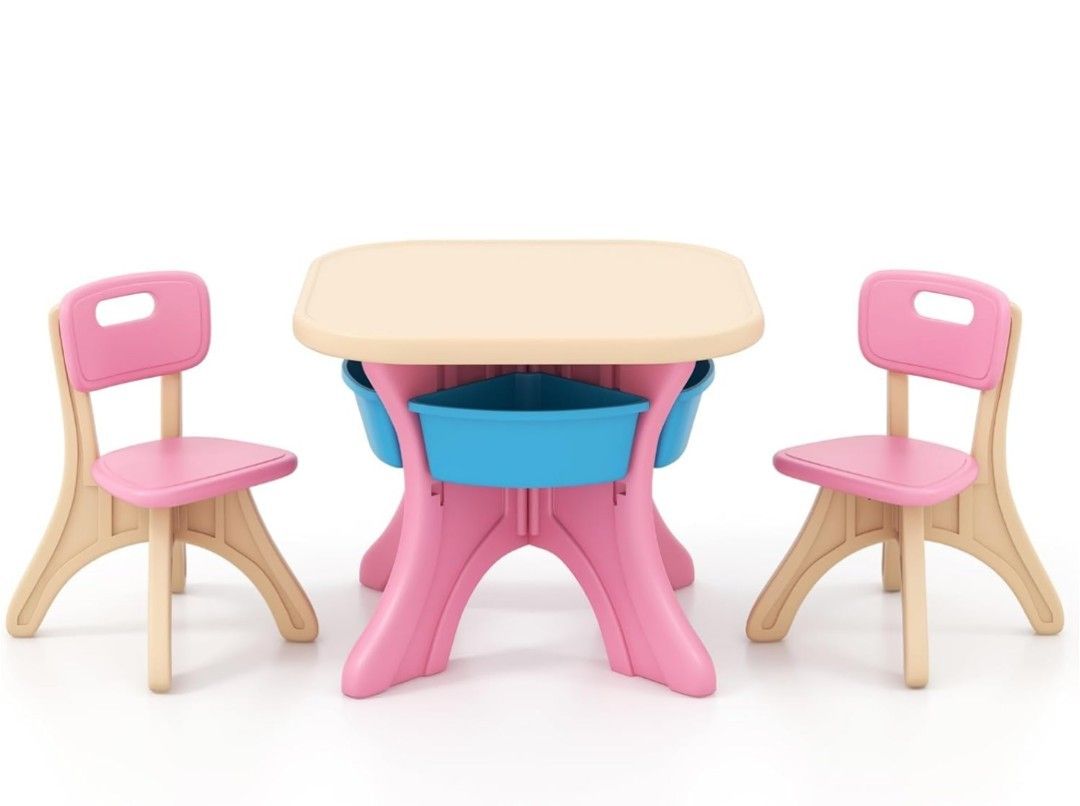 Kids Table and Chair Set, Plastic Children Activity Table and 2 Chair Set w/Storage Bins, 3 Piece Toddler Table and Chairs for Art, Craft, Reading