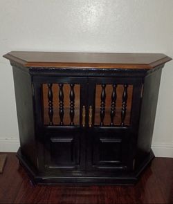 Vintage Black Wood Corner Accent Cabinet with Spindle Doors