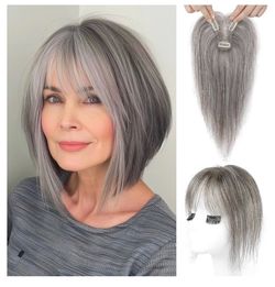 REECHO Hair Toppers for Women Real Human Hair, Seamless Human Hair Toppers with Bangs, 360° 3D Cover Clip in Bangs Hair Extensions for Daily Wear, Dar