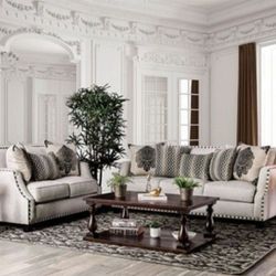🔥  SPECIAL ROOM PACKAGE 🔥  Brand New Beige Chenille Sofa And Love Seat Pillows Included + 3pc Dark Walnut Coffee Table Set 