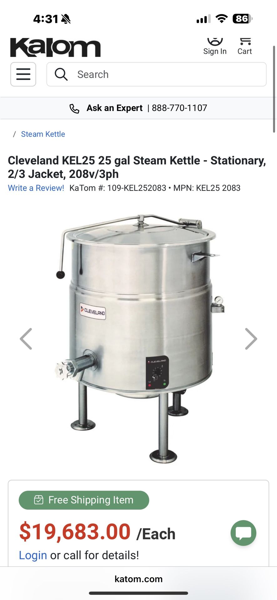 Cleveland KEL25 25 gal Steam Kettle