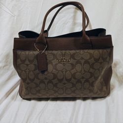 COACH F31474 Brown Leather Casey Tote Khaki Signature Canvas - 125
