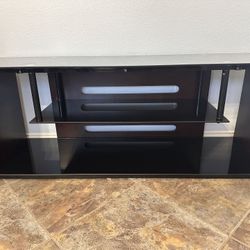 Bello Black Glass Tv Stand With Espresso Wood Sides, 