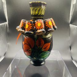 Terra Cotta decanter with attached glazed hand painted small cups