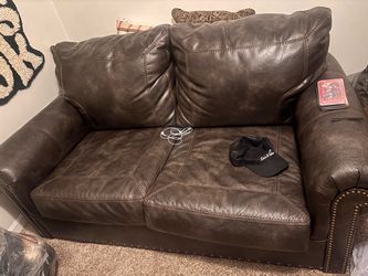 Brown Leather Loveseat with Nailhead Trim