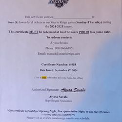 4 Lower Level Tickets To Ontario Reign Hockey Game + Autographed Player Card 