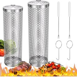 Rolling Grill Baskets, Jusmoo 2PCS Nesting Grill Baskets for Outdoor Grill,Barbeque Accessories, Stainless Steel Grill Basket BBQ Grill Mesh for Fish 
