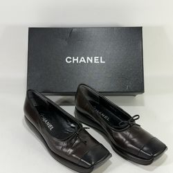 VTG Chanel Identification Line Brown/Black Leather Wedge Square Toe Pumps 38.5