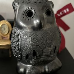 Black Pottery Clay Owl Candle Holder Spooky Eyes Lit by Candle
