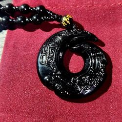 Elegant Obsidian Black Pendant With Beaded Necklace