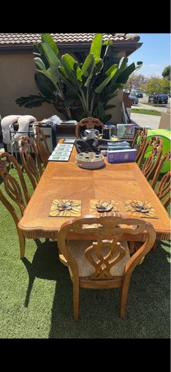 Wood Dining Table with 8 Carved Chairs