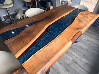 Live Edge Walnut Blue Epoxy River Dining Table w/ chairs