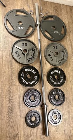 NEW 6 ft Olympic Barbell w/ cooper bearings & Cast Iron Weight Plates: 45s, 35s, 22s, 11s and 5s. Total: 236 lbs.